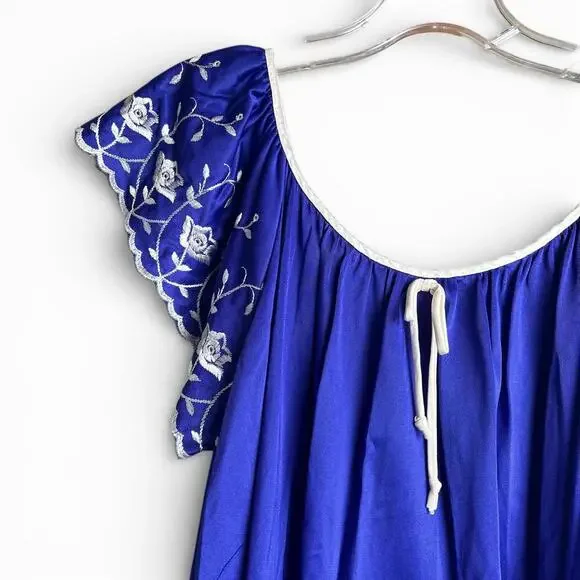 Vintage Royal Blue Embroidered Ruffle Sleeve Nightgown - Picture 3 of 4